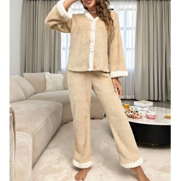 Soft Flannel button down shirt with pants Tan PJ Set - Picture 3 of 7